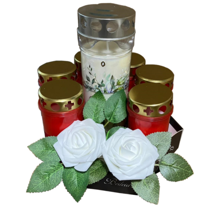 Trauer-Gedenk-Set 6 kleine & 1 große 7 Tages Qualitäts-Kerzen von Hofer-Kerzen, Kunstrose